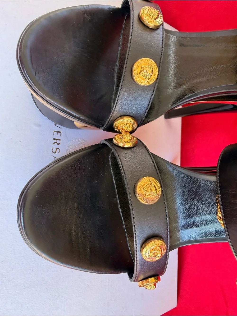 Versace Black and Gold Leather Triple Platform Medusa size 7.5/8 US